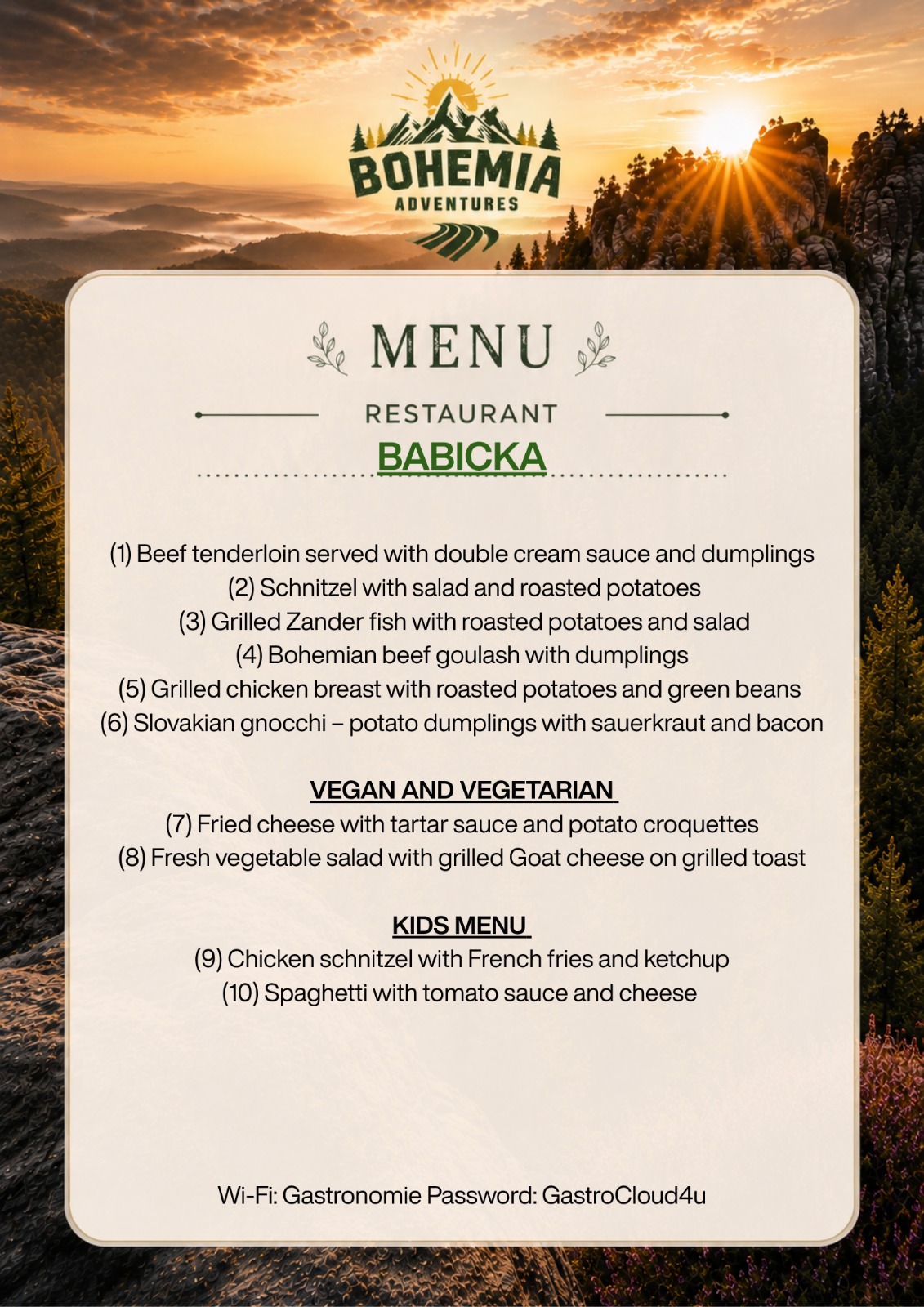 Babička restaurant menu