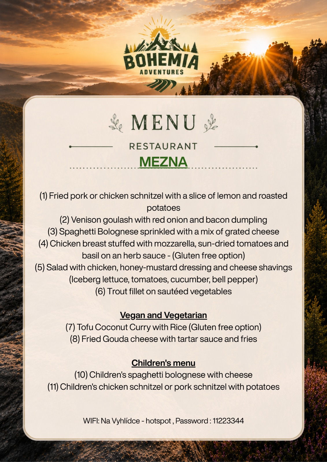 Mezná restaurant menu